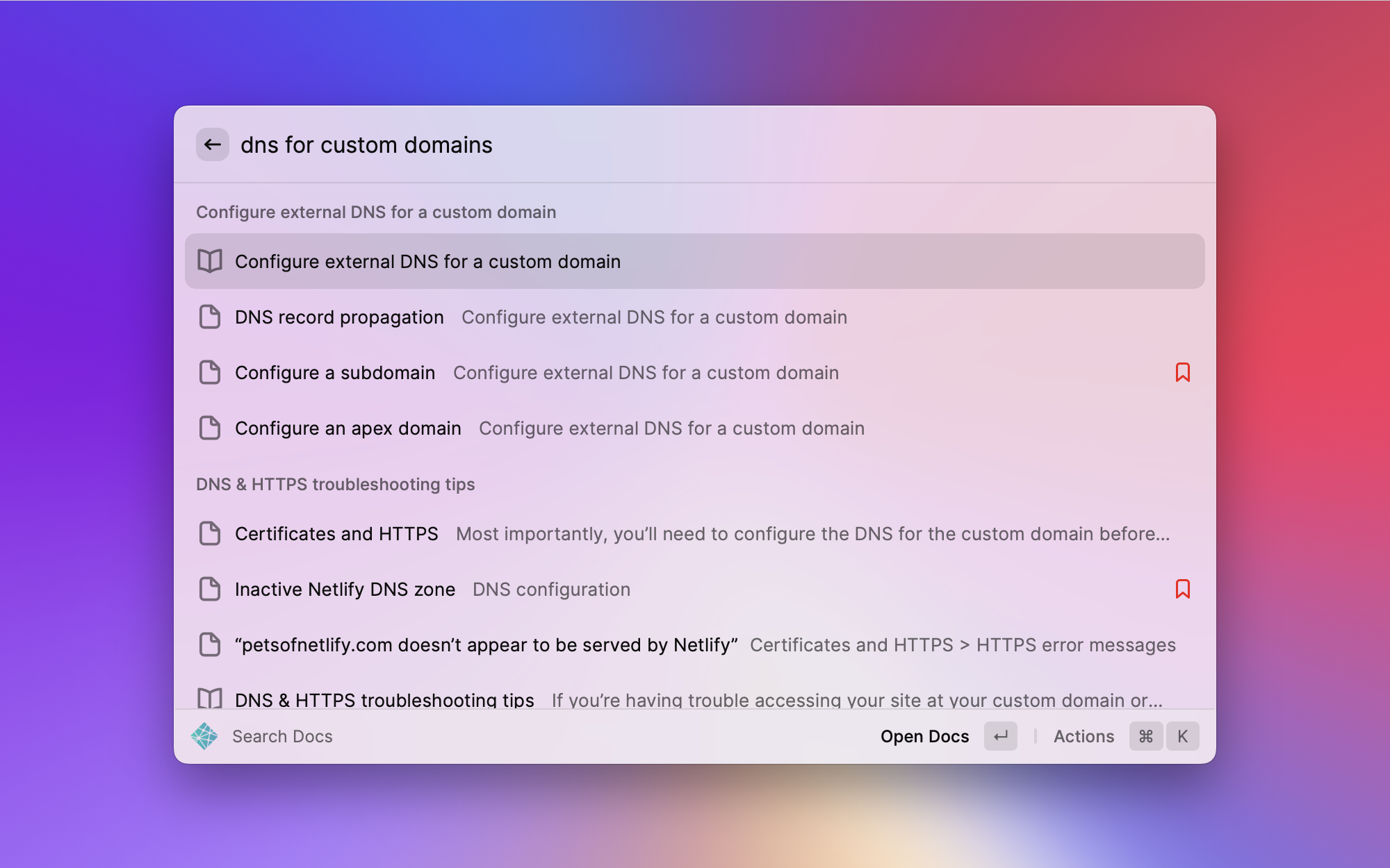 Searching the Netlify docs for "dns for custom domains"