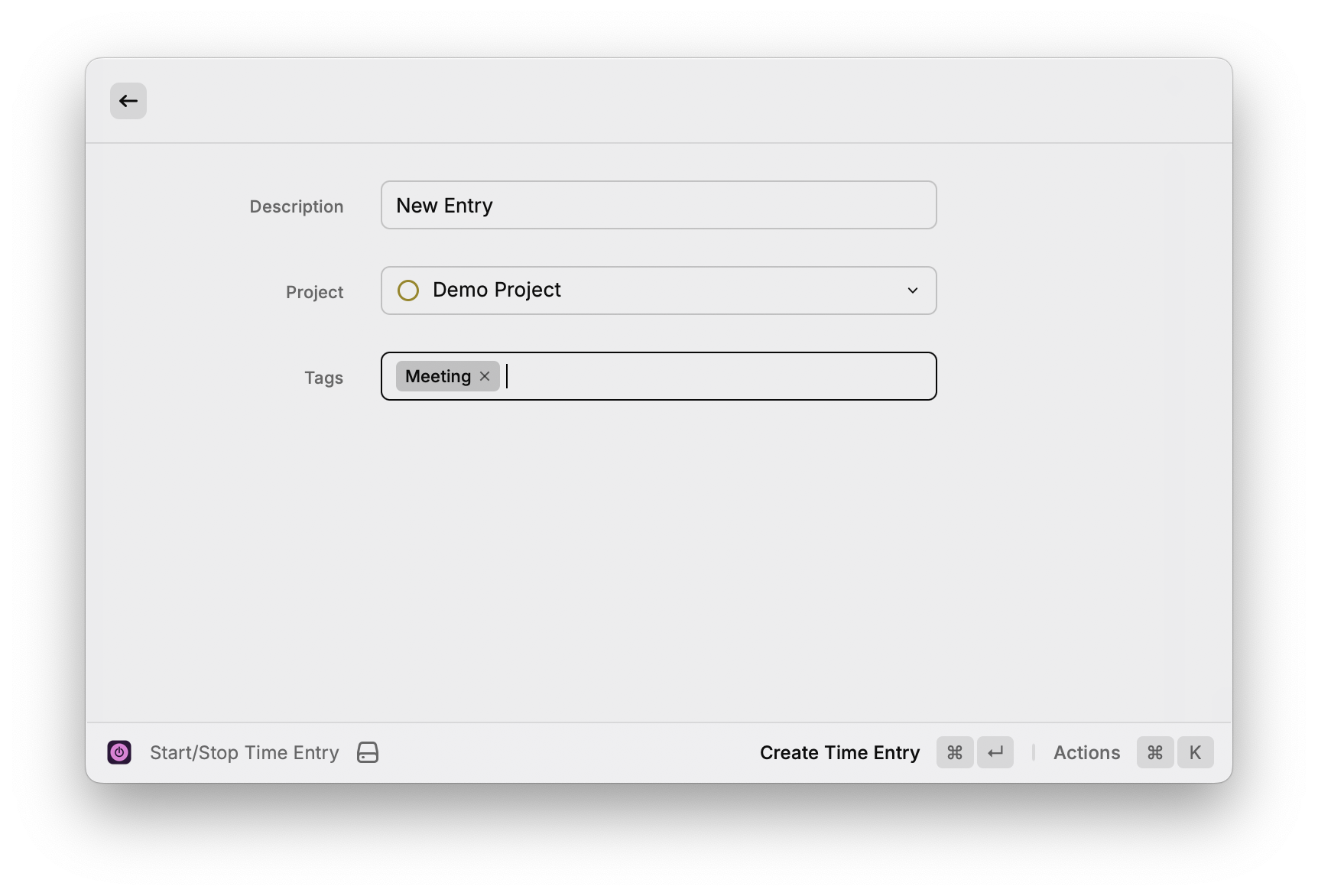 Start/Stop Time Entry Command Form