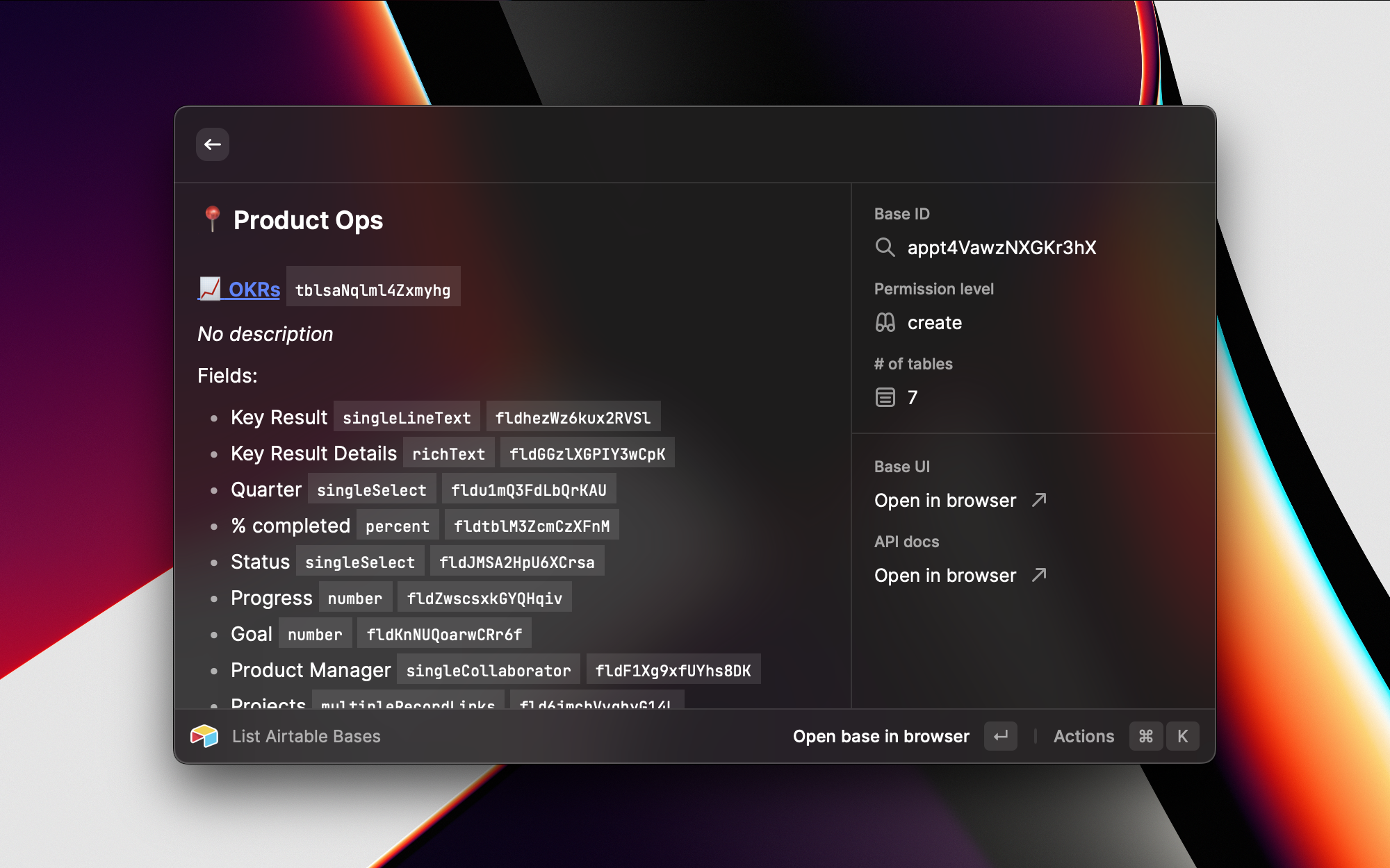 Preview base details including a list of tables, fields, and links to open the base and API docs in your browser